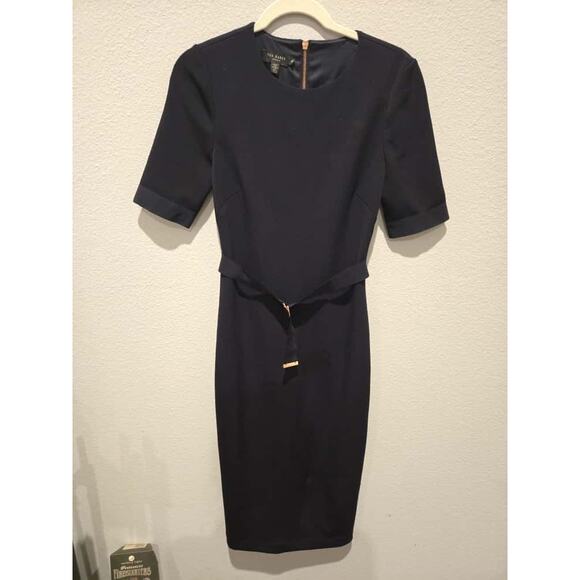 Ted Baker Women's Blue  with Gold Belted Midi Dress Size 2 - Picture 1 of 16